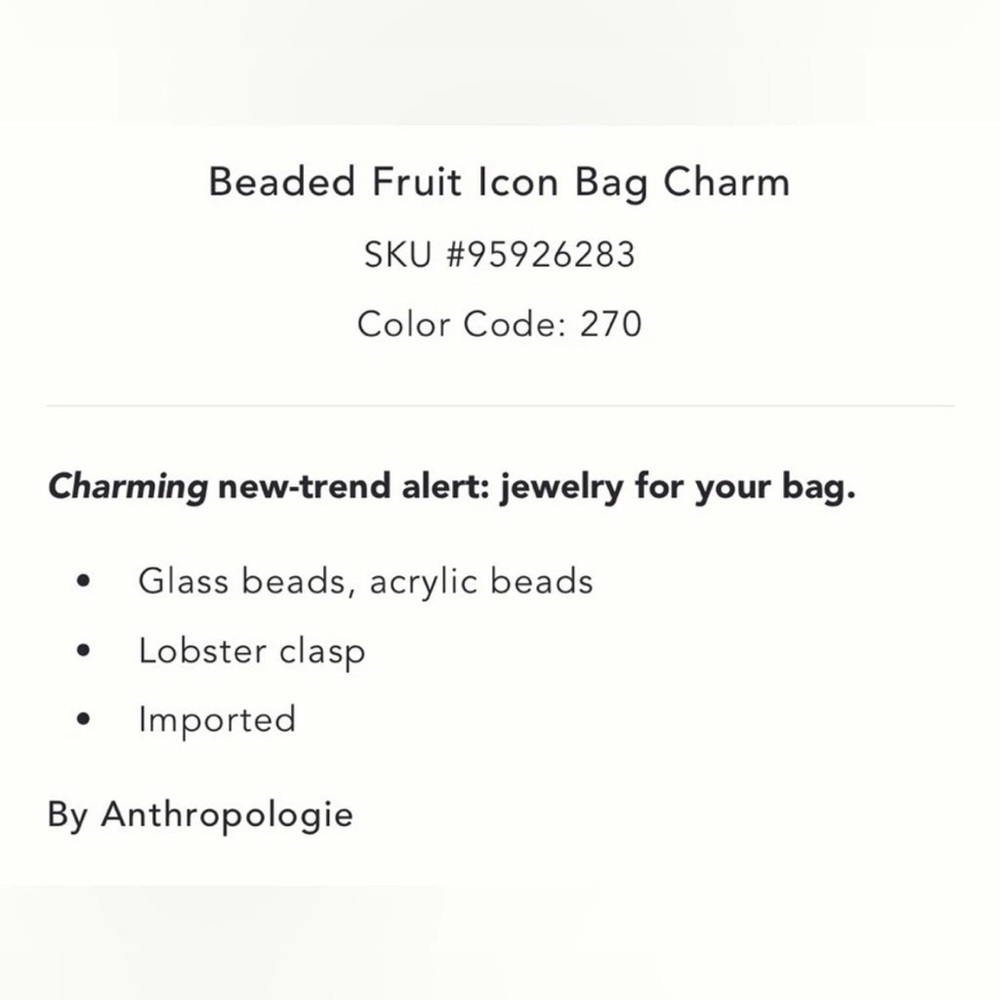 NWT Anthropologie Beaded Fruit Icon Bag Charm - Picture 3 of 4